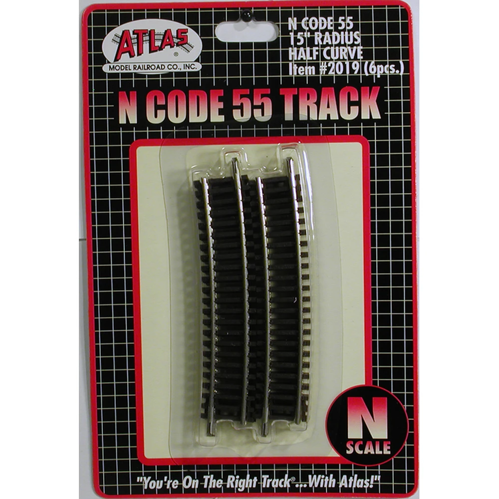 Atlas Code 55 Track W/Nickel-Silver Rail & Brown Ties -- 15" Radius Half Curve Pkg(6) - N