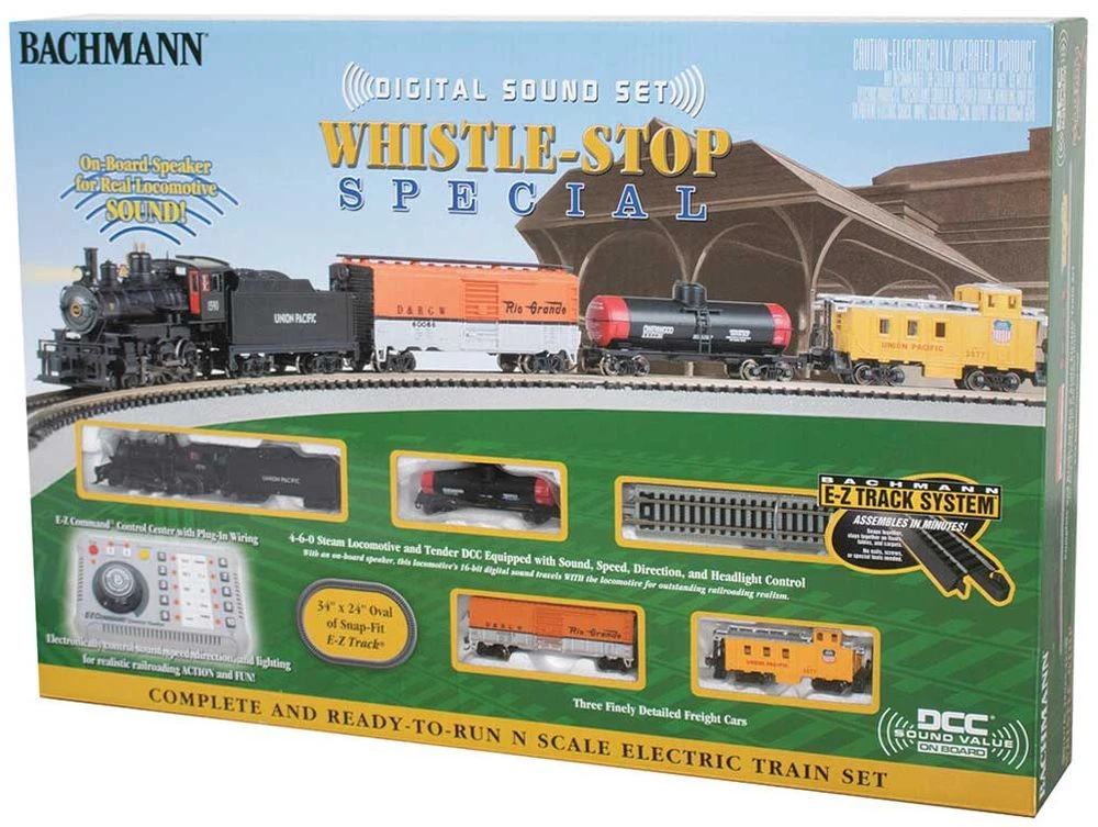 Bachmann Whistle Stop Steam Train Set - Sound And DCC -- Union Pacific 4-6-0, 3 Cars, E-Z Track Ov 2 Bachmann Whistle Stop Steam Train Set - Sound And DCC -- Union Pacific 4-6-0, 3 Cars, E-Z Track Ov - Image 2