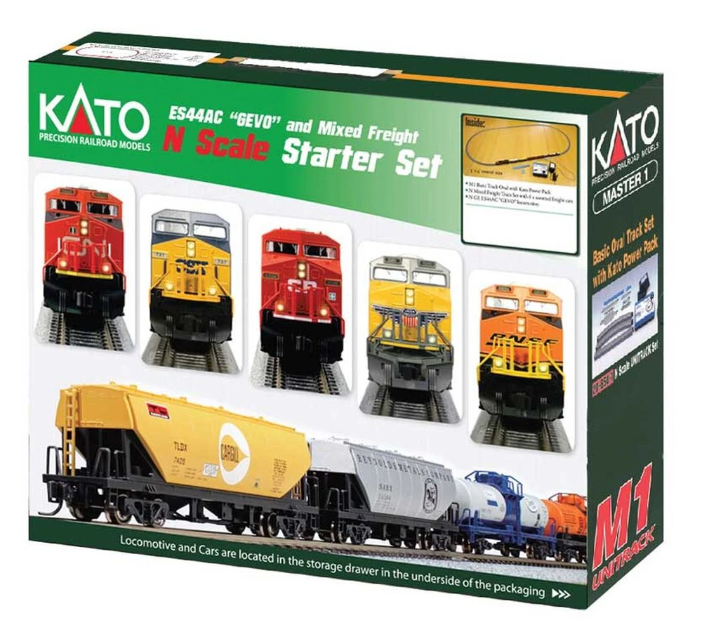 Kato GE ES44AC GEVO Mixed Freight Starter Set -- Canadian Pacific Loco, 6 Cars, Unitrack M1 Basic 1 Kato GE ES44AC GEVO Mixed Freight Starter Set -- Canadian Pacific Loco, 6 Cars, Unitrack M1 Basic