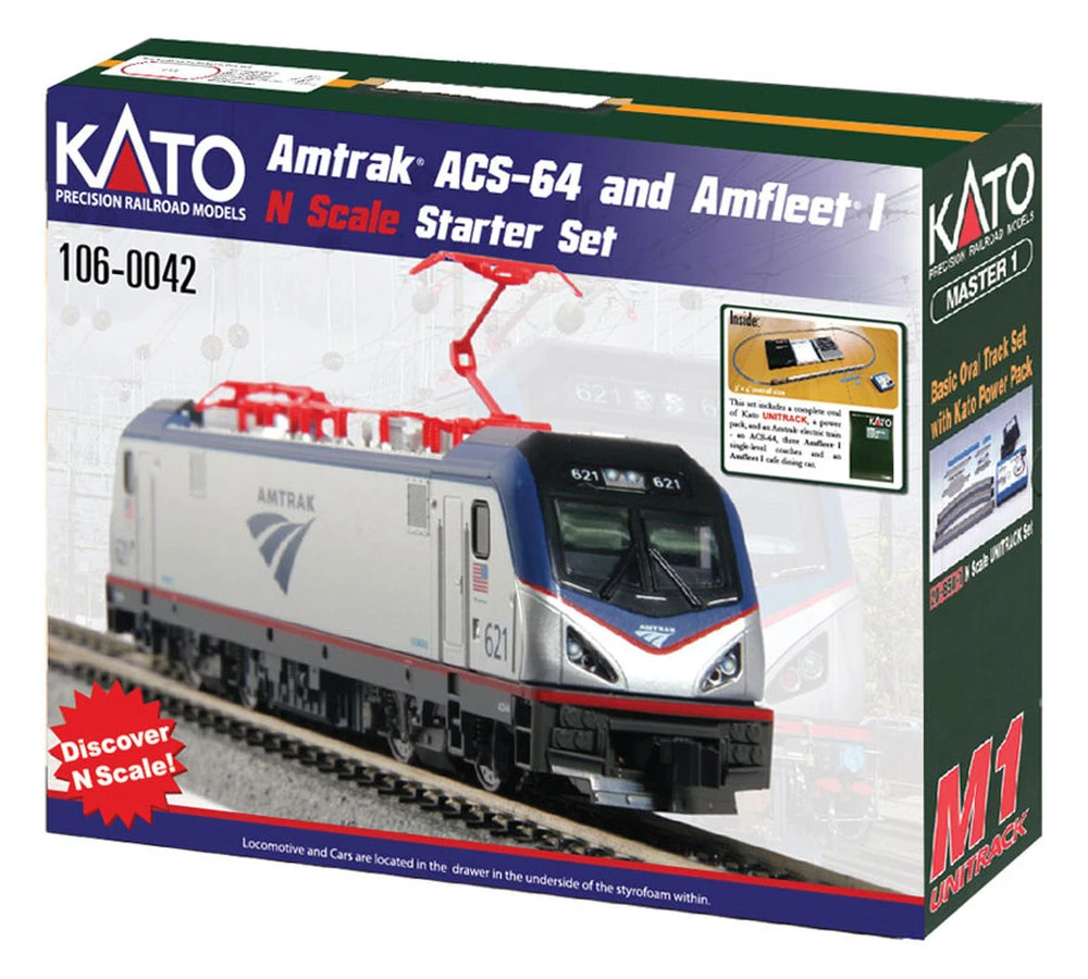 Kato Amtrak ACS-64 Amfleet I Starter Set -- Amtrak (Phase VI Scheme) Loco, 3 Amfleet I Coaches & C 1 Kato Amtrak ACS-64 Amfleet I Starter Set -- Amtrak (Phase VI Scheme) Loco, 3 Amfleet I Coaches & C
