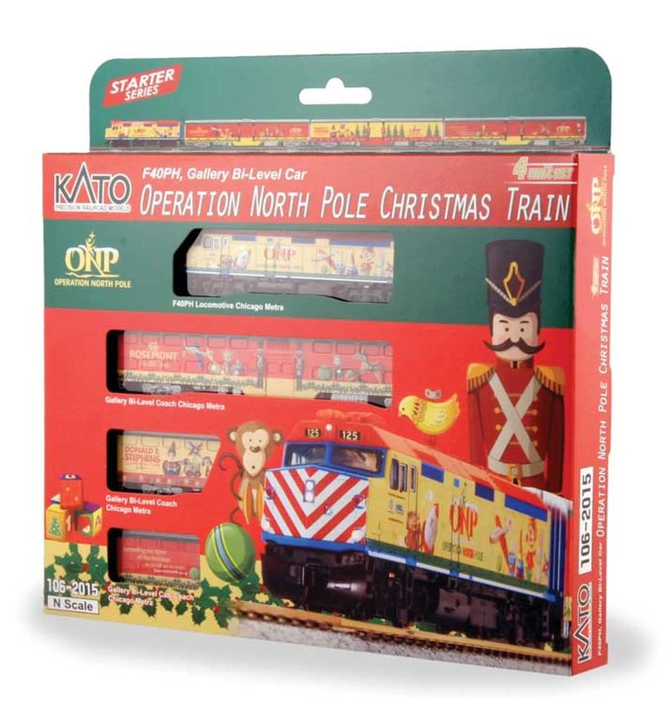 Kato Operation North Pole Christmas Train-Only Set - Standard DC -- Metra F40PH & 3 Bi-Level Commu 1 Kato Operation North Pole Christmas Train-Only Set - Standard DC -- Metra F40PH & 3 Bi-Level Commu